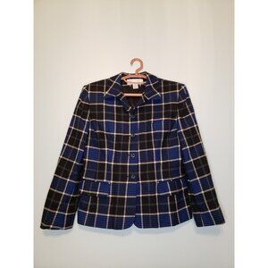 Rena Rowan Women's Sz 10 Plaid Button Front Lined Jacket Blazer 100% Wool Blue